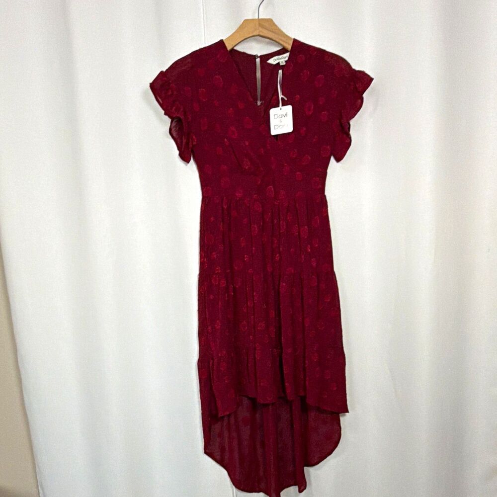 Davi & Dani Burgundy Polka Dot V-Neck Flutter Sleeve Hi-Low Lined Midi M